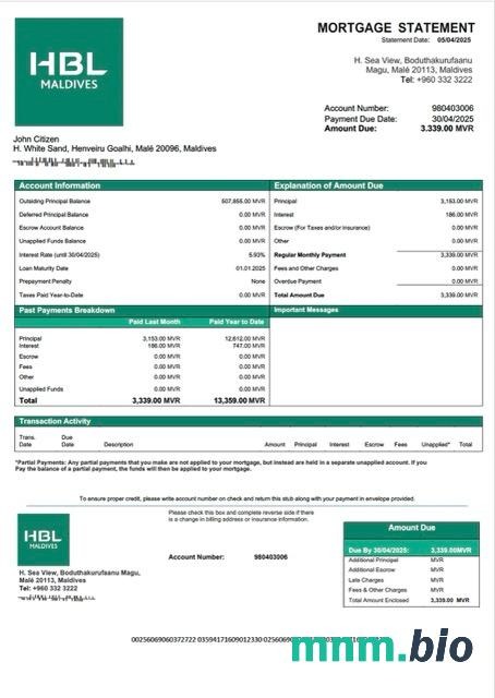 Malediwy Habib Bank Limited (HBL) wyciąg z kredytu hipotecznego szablon Word i PDF